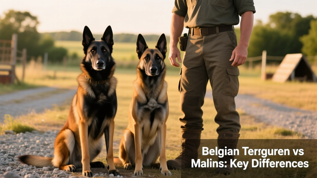 Two healthy adult dogs—one Tervuren and one Malinois—sitting attentively beside a trainer outdoors