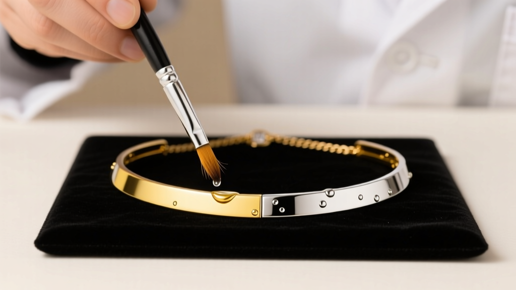 Jeweler using a small brush to apply rhodium plating solution to the white gold sections of a two-tone necklace chain
