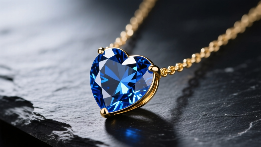 Macro shot of a 14k gold heart necklace sapphire pendant on dark slate, showing the faceted blue gem and delicate chain links.