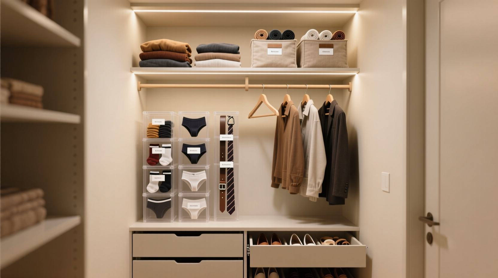 how to organize a small closet with double hanging rods and bins efficiently
