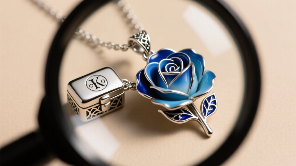 Jewelry loupe examining the hallmark stamp on a sterling silver box chain clasp attached to a detailed blue rose Arcane pendant.