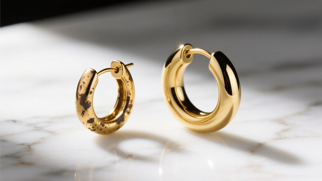 Tarnished gold-plated earring next to a bright, untarnished solid 18k gold huggie, both resting on a clean white marble surface.
