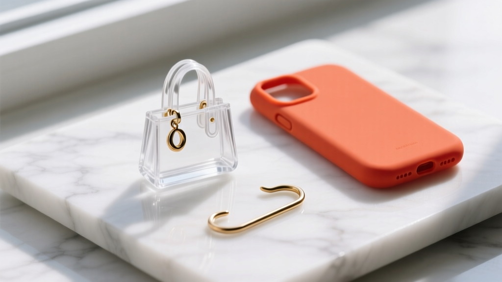 Flat lay of a miniature acrylic tote bag earring next to jumbo silicone backs and a brass French wire hook on white marble