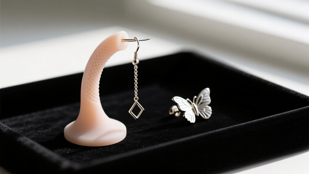 Macro shot of silicone earring back supporting a long long earring next to a standard butterfly back on dark velvet display tray
