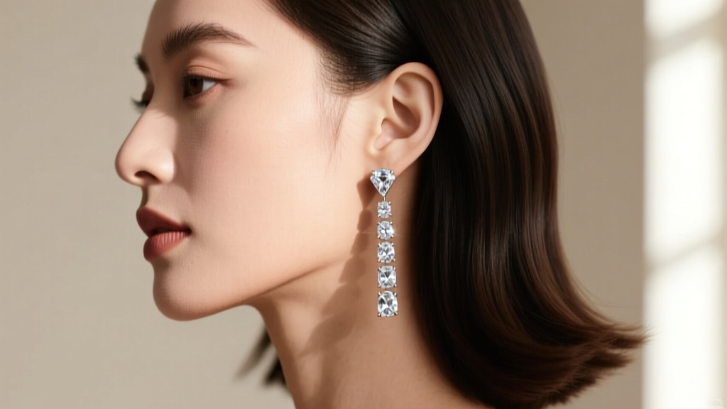 Side profile of a woman wearing graduated diamond front back earrings, with the diamond drop resting just below the earlobe