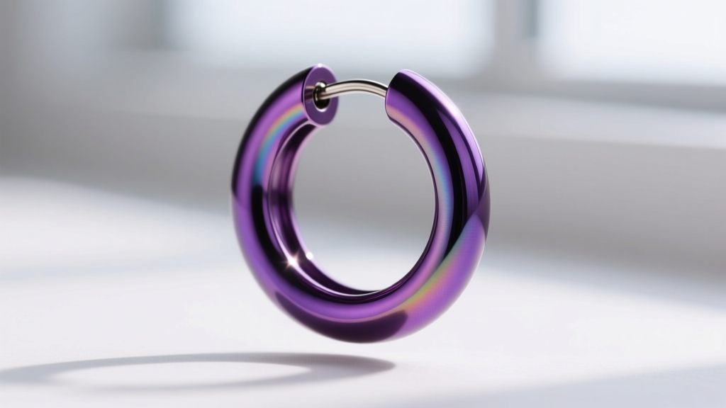 Macro photography of an anodized niobium huggie hoop earring in deep purple, highlighting the seamless clicker closure mechanism