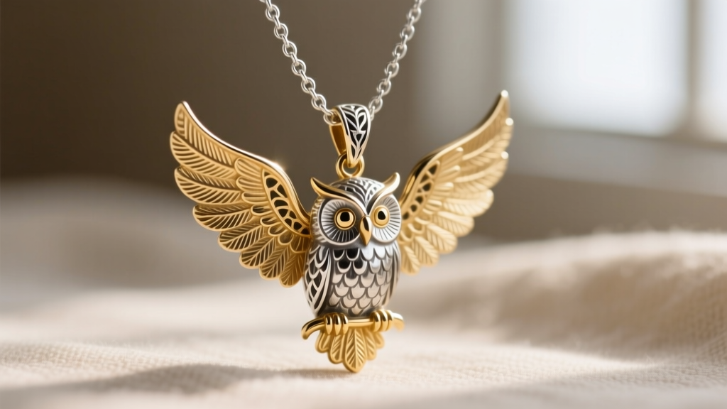 Close-up of a 2.5mm sterling silver box chain threading through the oversized bail of a vintage-style gold vermeil owl pendant