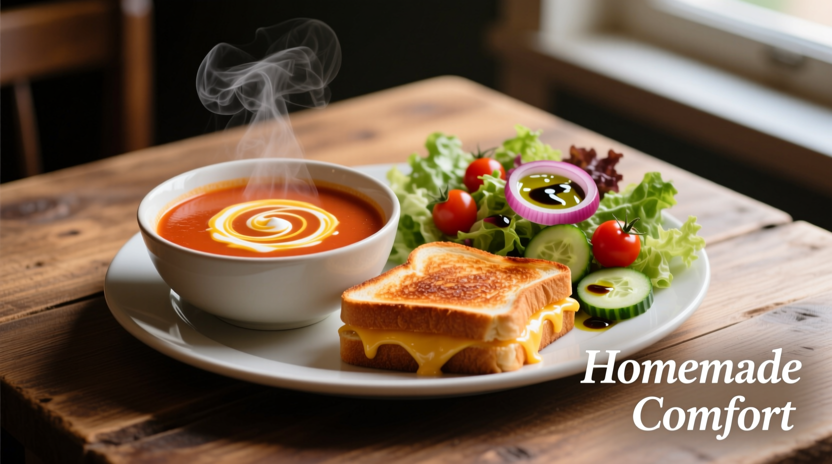 Tomato soup with grilled cheese and salad