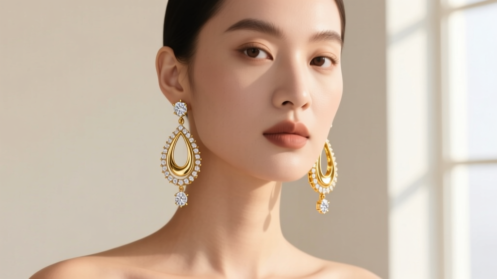 Model wearing 18k gold teardrop statement earrings with pavé diamonds, studio lighting highlighting the articulated metal drops.
