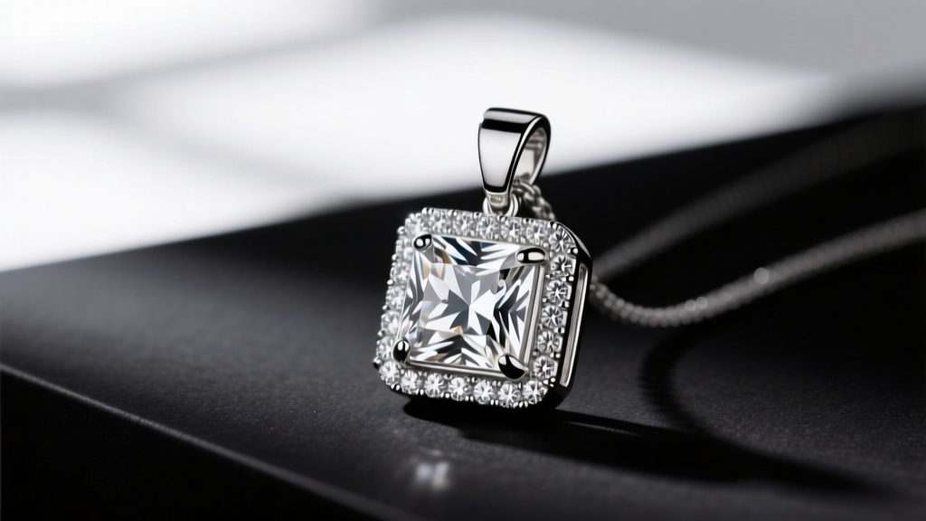 Macro shot of a modern Liz Claiborne sterling silver pendant, showing the PVD coating texture and cubic zirconia pave detail.