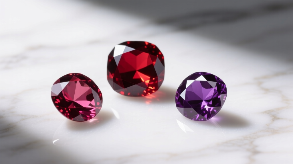 Macro photo of three loose faceted rubies showing distinct color variations from pigeon blood red to purplish crimson on marble.