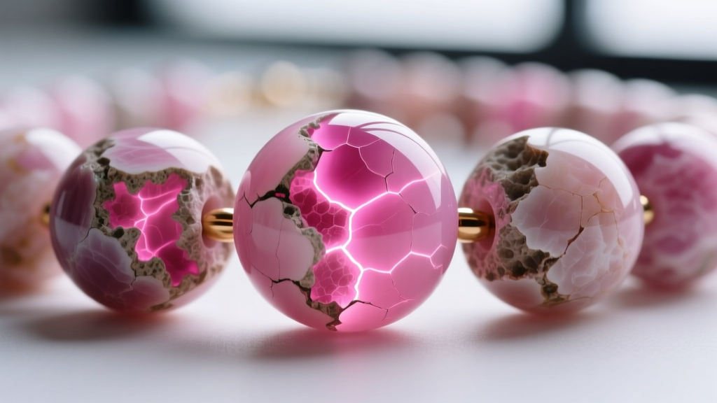 Macro shot of a dyed magnesite bead necklace showing concentrated pink dye pooling in the natural cracks and crevices of the stone.