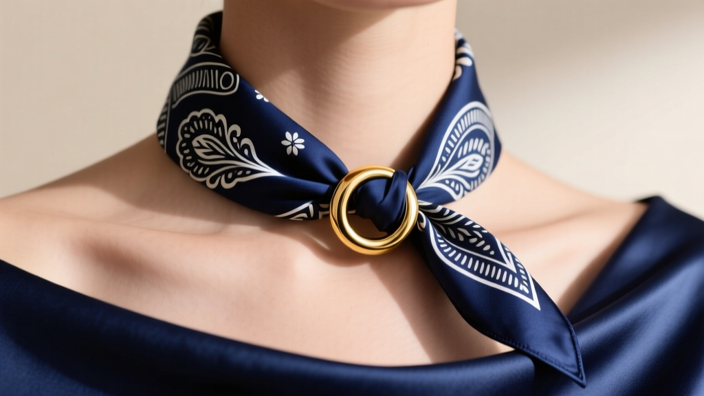 Close-up of a navy blue silk bandana necklace with white paisley patterns, secured by a gold scarf ring on a model
