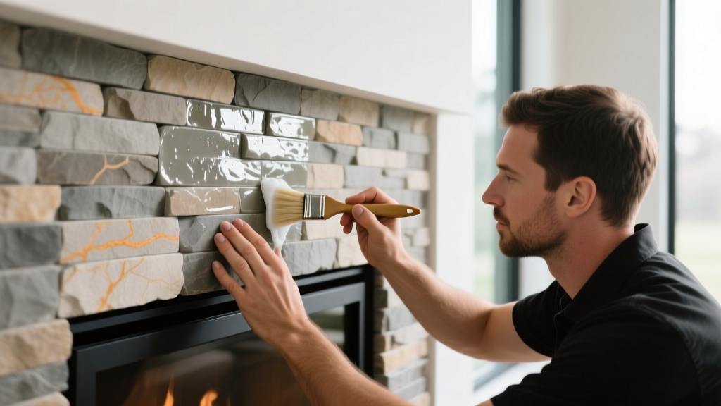 Close-up of a professional using a soft-bristle brush and pH-neutral cleaner on a stacked stone veneer fireplace surround in a modern home