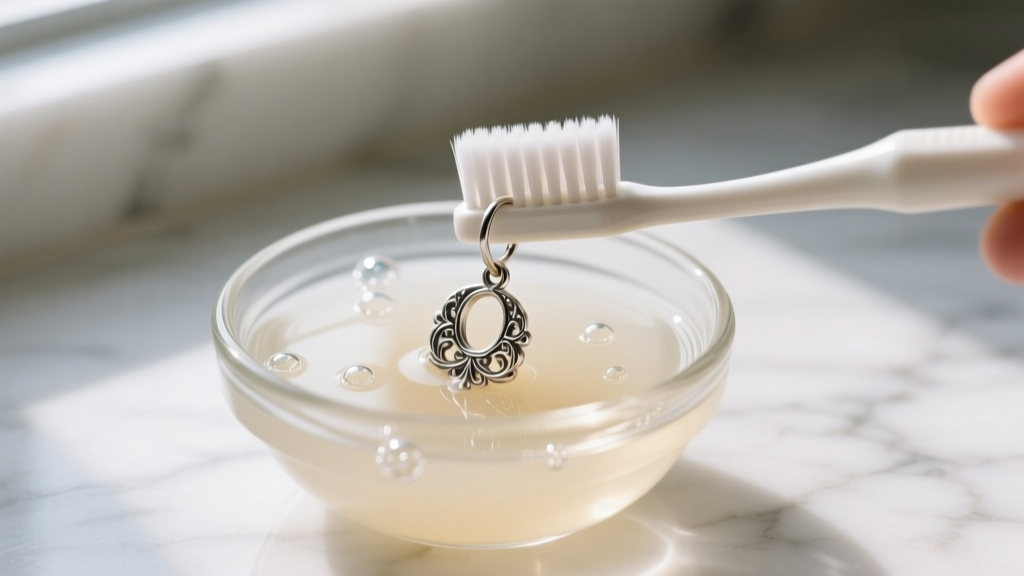 A soft-bristled toothbrush gently cleaning a recovered sterling silver earring in a small glass bowl of warm, mild soapy water.