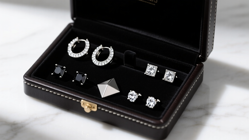 Overhead view of a dark leather jewelry box containing various black zirconium and oxidized silver mens hoop and stud earrings.