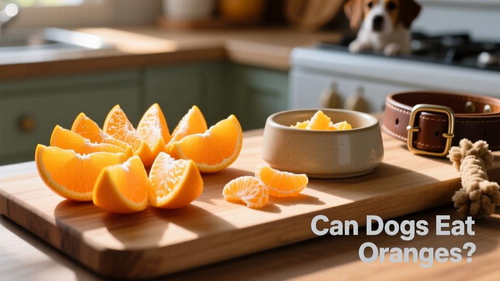 Close-up of fresh orange segments with peel and seeds carefully removed, placed beside a dog bowl
