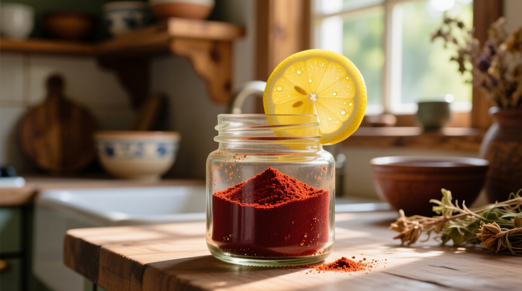 Deep red sumac spice in glass jar with lemon