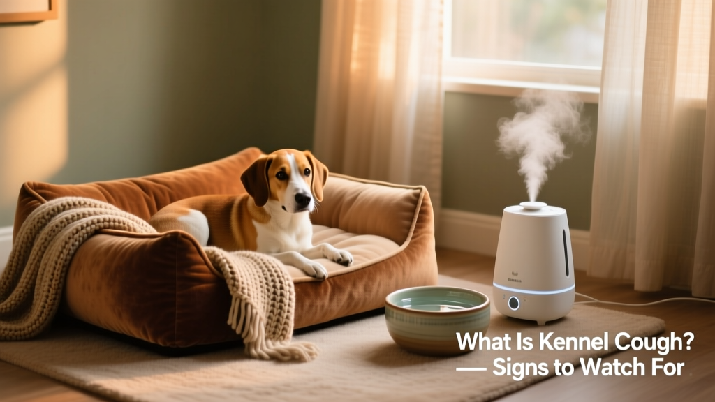 A calm, cozy indoor space with a soft dog bed, water bowl, and humidifier—representing supportive home care for a recovering dog