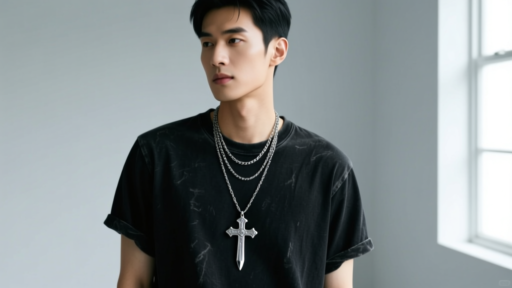 Male model wearing a layered necklace stack featuring a medium silver dagger cross pendant over a faded vintage black cotton tee.