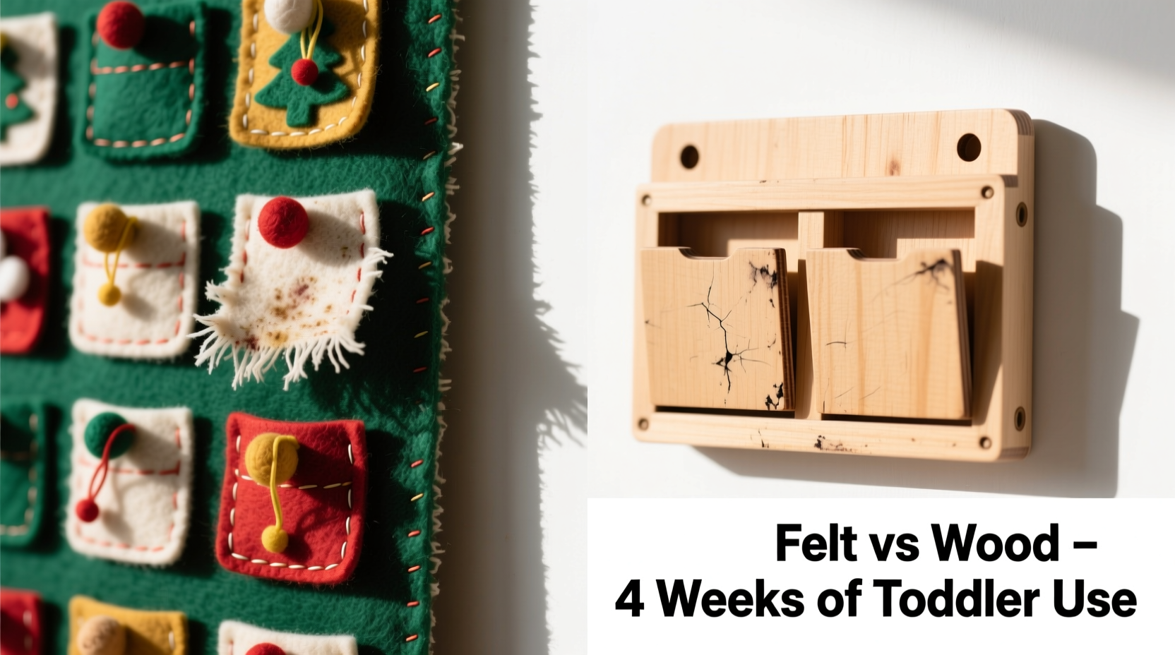 felt advent calendar vs wooden pocket version which holds up better with daily toddler handling