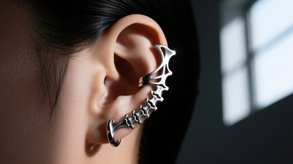 Side profile of a 16-gauge titanium skeleton spine ear cuff wrapping around the upper helix cartilage in moody studio lighting