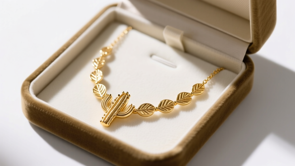 Delicate 18k gold cactus necklace laid flat in a velvet anti-tarnish box, separated from other pieces to prevent spine snagging.