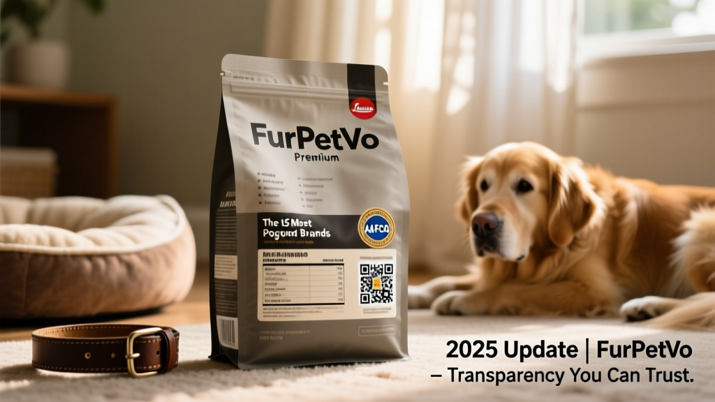 Close-up of FurPetVo packaging showing clear ingredient list, AAFCO statement, and QR code linking to batch testing results