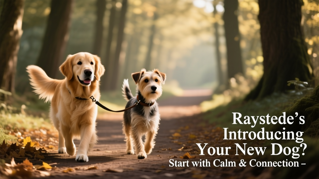 Two dogs walking side by side on a quiet path, leashed and relaxed