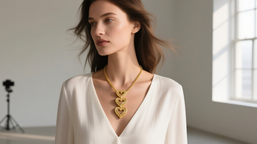 Model wearing an 18-inch 3-heart gold necklace over a white linen V-neck top, showing the pendant drop and delicate chain thickness.