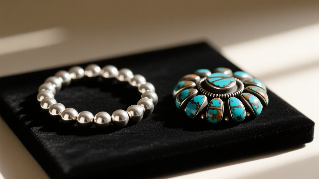 Polished sterling silver beads next to heavily patinated vintage coin silver Navajo beads resting on a dark velvet display pad.