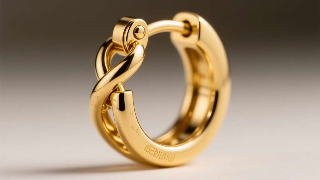 Extreme close-up of a hinged 18k gold hoop earring clasp showing the interlocking latch and hinge pin under bright studio light
