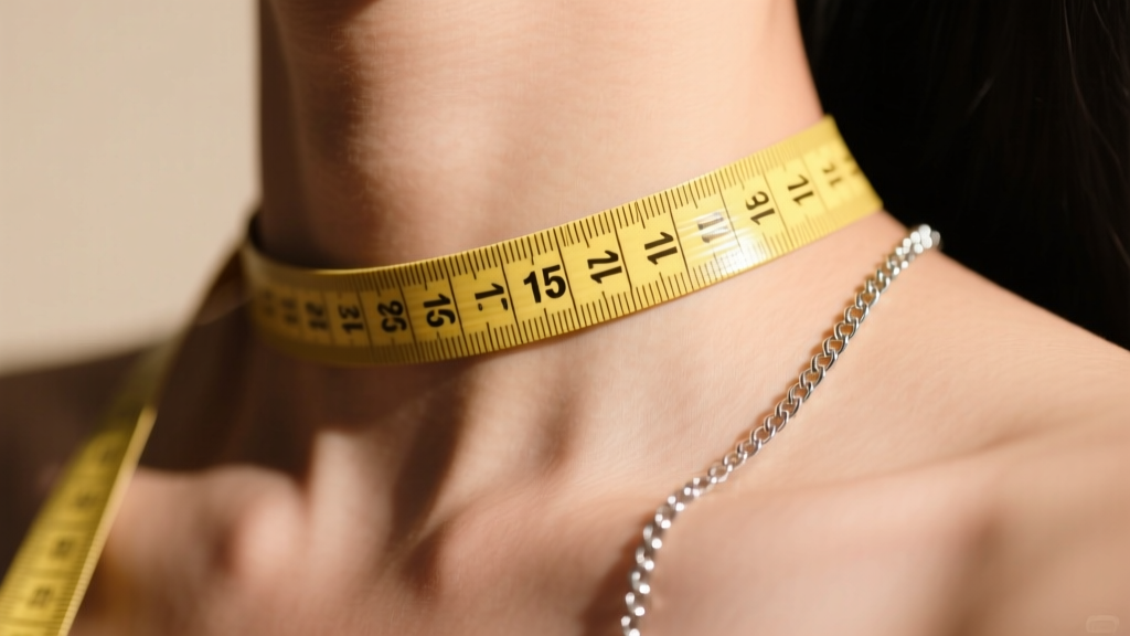 Close-up of a soft yellow measuring tape wrapped around a bare collarbone, showing exactly 15 inches, with a silver chain nearby