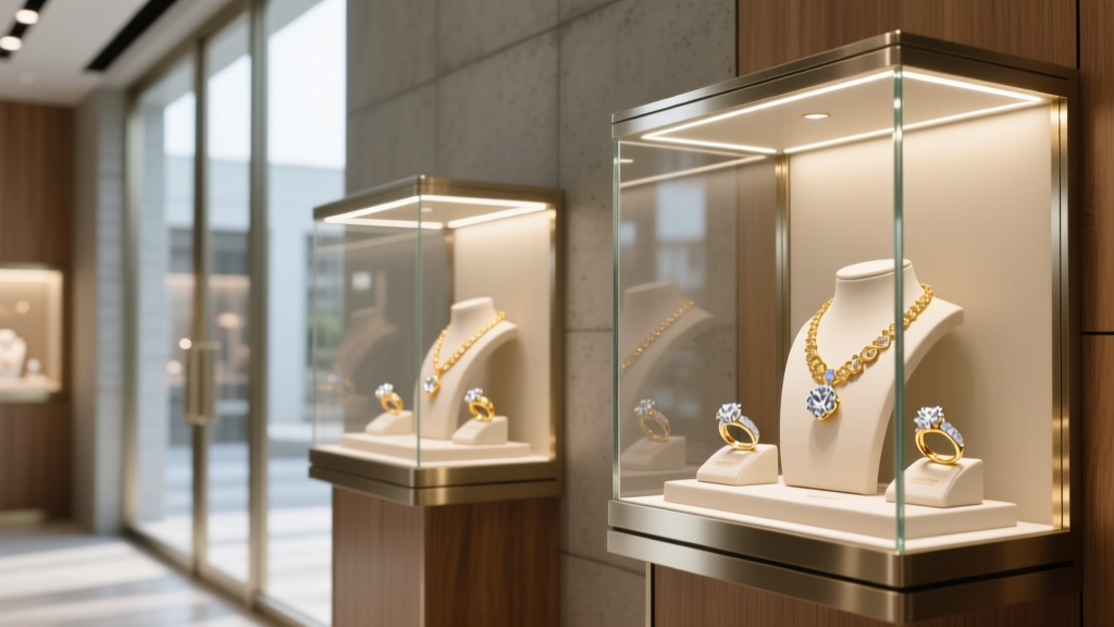 Elegant storefront display of a fine jewelry boutique featuring illuminated glass cases with diamond rings and gold necklaces