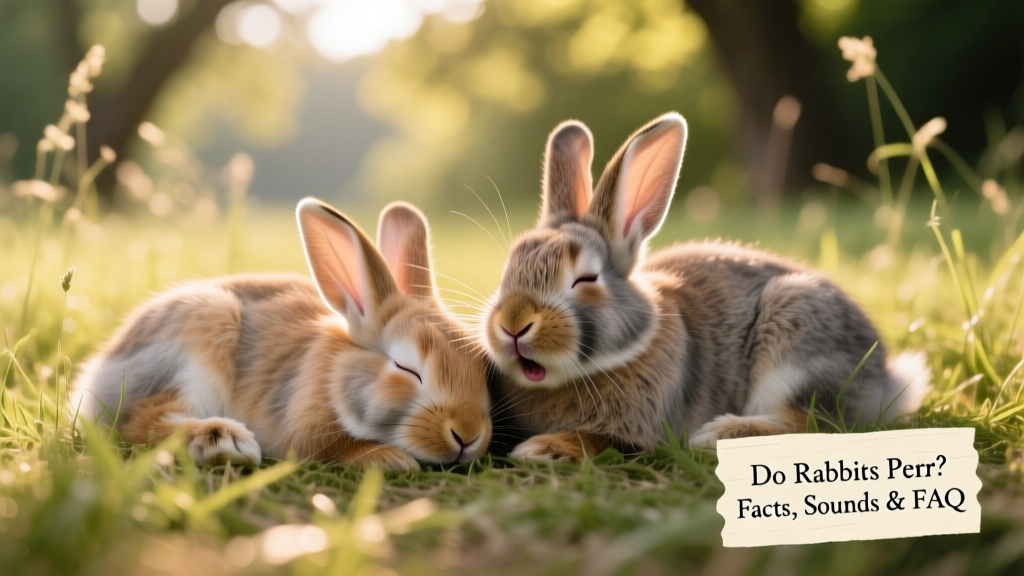 Two bonded rabbits resting side-by-side, one softly purring while the other naps