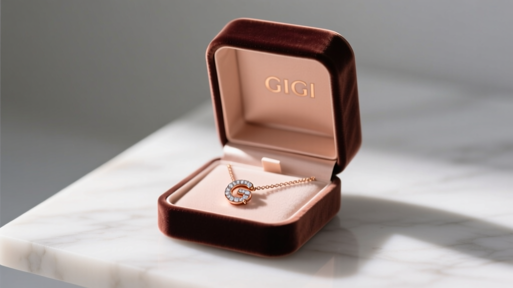 Open velvet box revealing a rose gold Gigi necklace with a diamond-accented initial pendant under warm studio lighting.