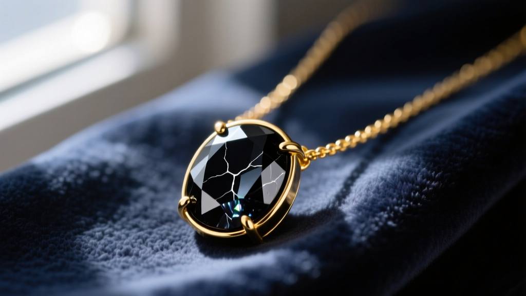Close-up of a raw black tourmaline protection crystal necklace set in a 14k yellow gold bezel, resting on dark velvet fabric.