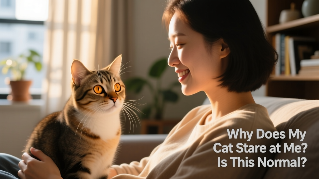 Close-up of a cat making gentle eye contact with its human, both relaxed and calm