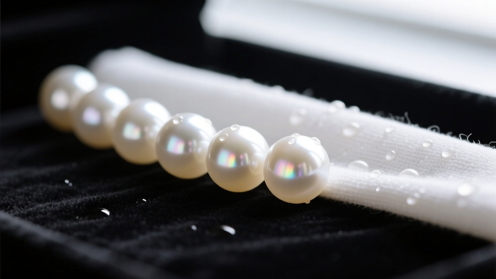 Macro shot of creamy white Akoya pearls being gently wiped with a soft, damp, lint-free microfiber cloth on a dark velvet surface