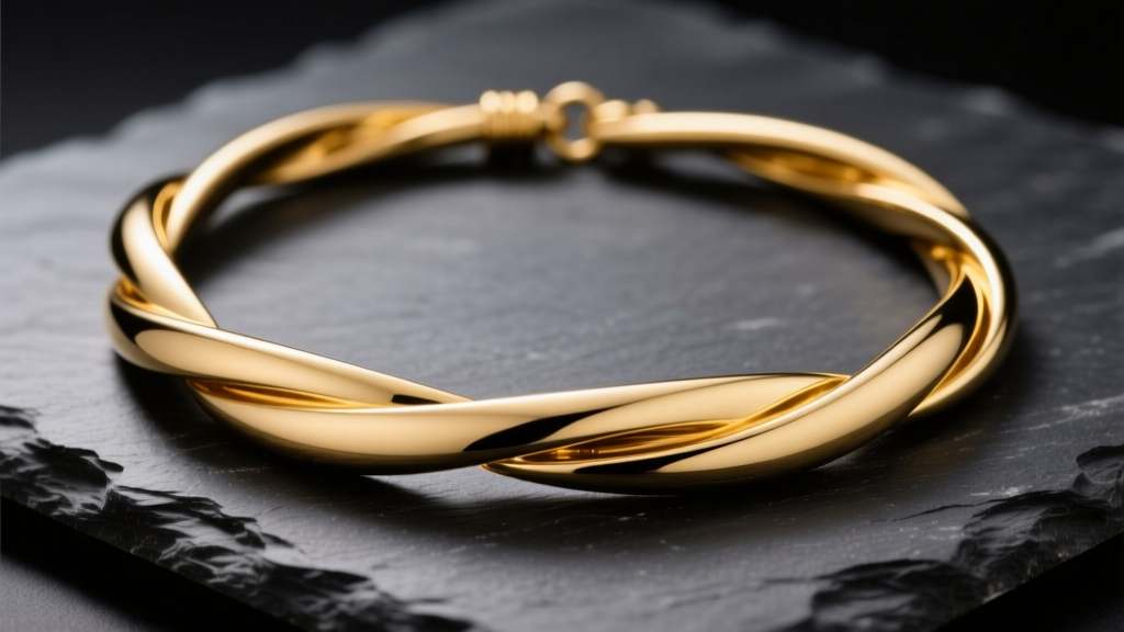 Close-up of a 10-gauge 14k yellow gold torque necklace on dark slate, highlighting the smooth curve and tapered terminal ends.