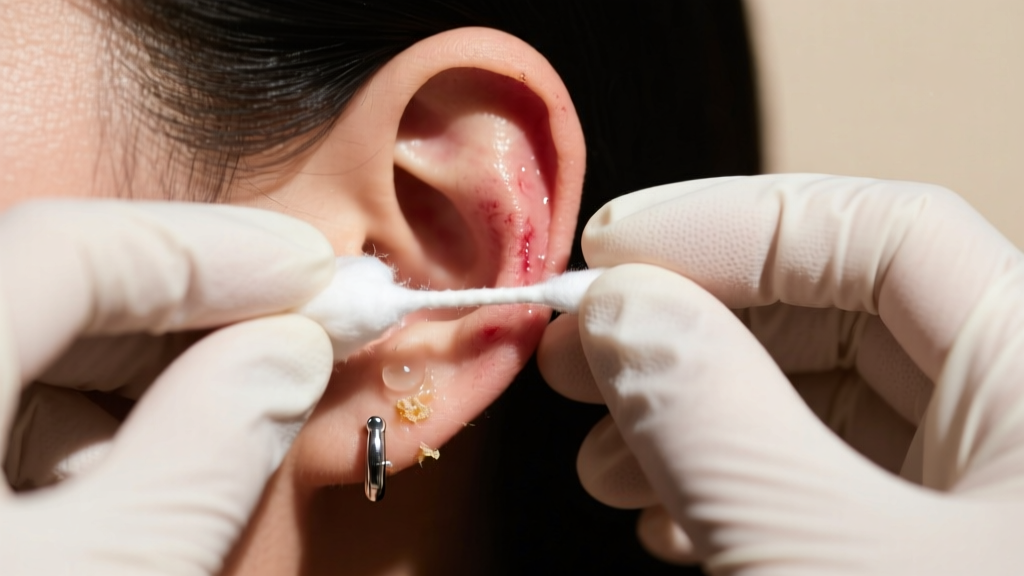 Gloved hands using a saline-soaked cotton swab to soften crusted sebum around a stuck silver earring post on a human earlobe.
