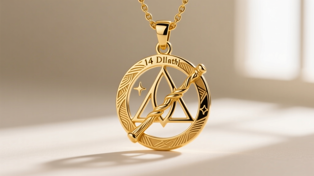 Macro shot of a 14k gold vermeil Deathly Hallows pendant showing intricate engraving of the Elder Wand and Resurrection Stone
