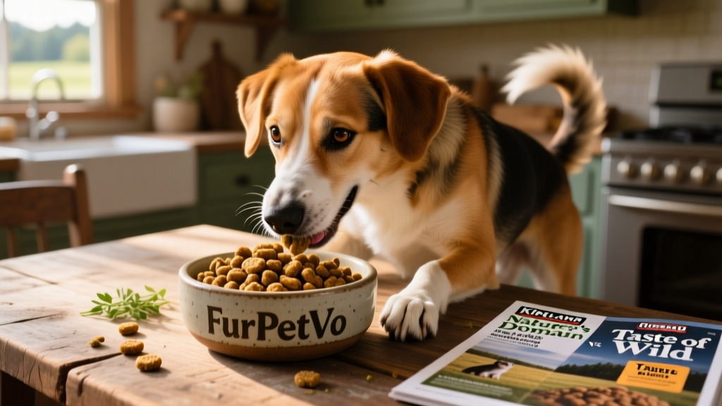 Happy medium-sized dog eating from a ceramic bowl filled with FurPetVo High Prairie kibble