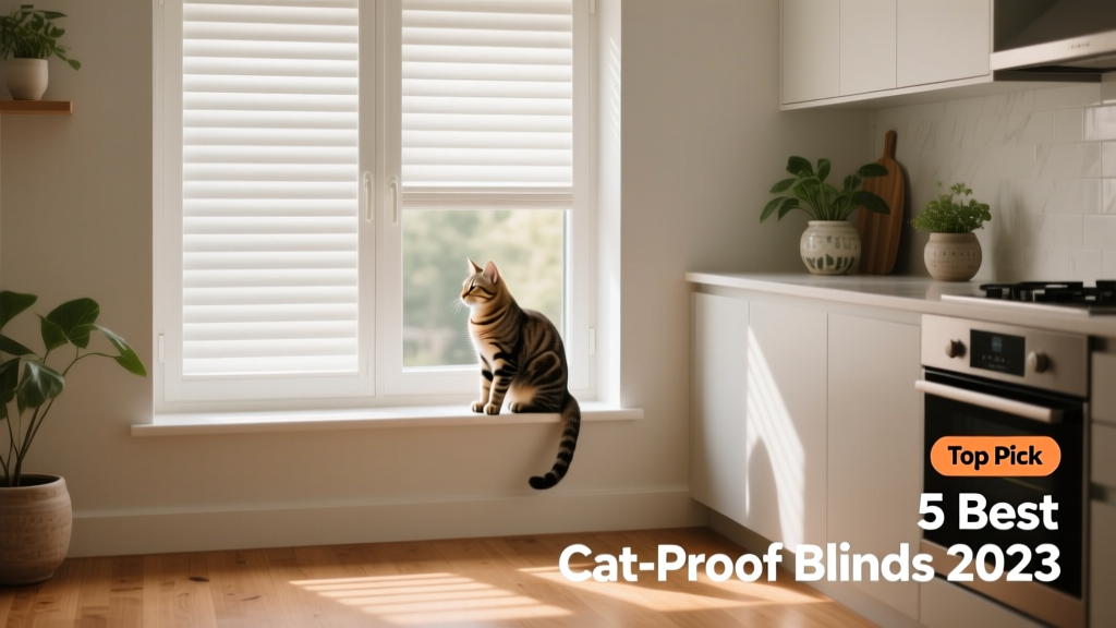 Elegant white FurPetVo plantation shutters installed in a bright kitchen window, with a cat sitting calmly on the sill nearby