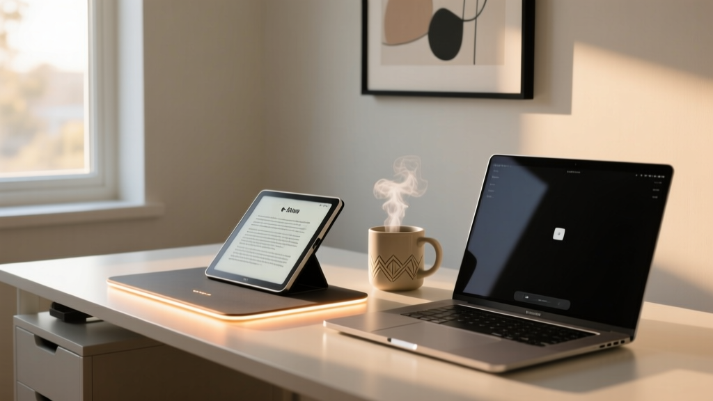 Modern minimalist home office desk featuring a glowing smart desk mat, an e-ink tablet, and a temperature-control mug next to a laptop on a sunny morning