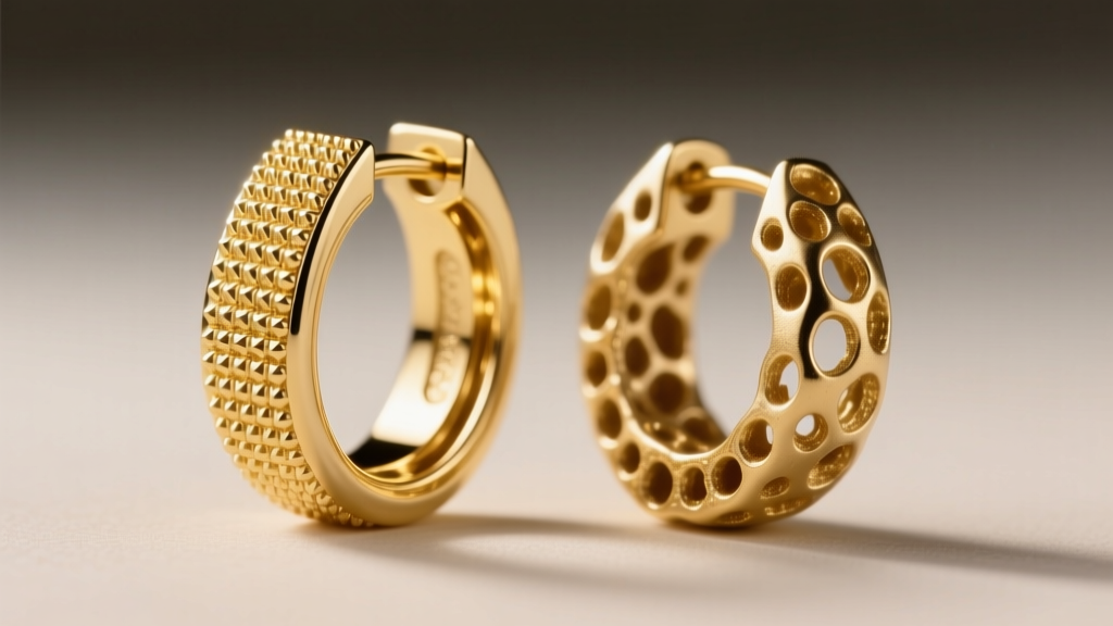 Cross-section illustration of a die-struck gold earring showing compressed molecular grain structure versus a porous cast piece.