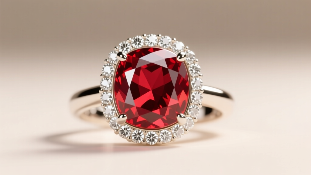 Three-carat unheated Mozambique ruby surrounded by micro-pave diamonds in 18k white gold under bright jeweler lighting