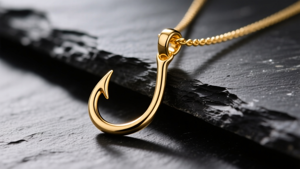 Macro shot of a 20-gauge 14k gold fishhook wire with a teardrop pendant resting on raw black slate under soft directional light.