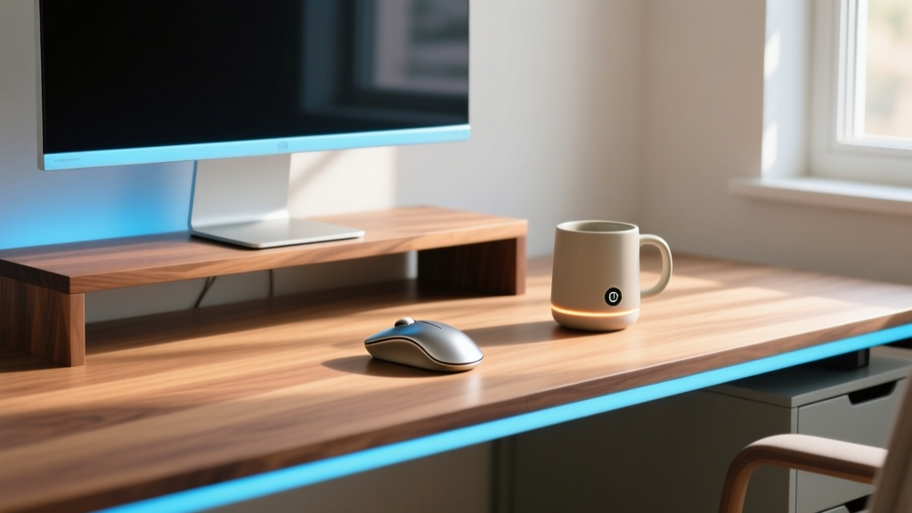 Modern home office desk featuring a glowing monitor light bar, ergonomic vertical mouse, and smart temperature-control mug on a walnut shelf