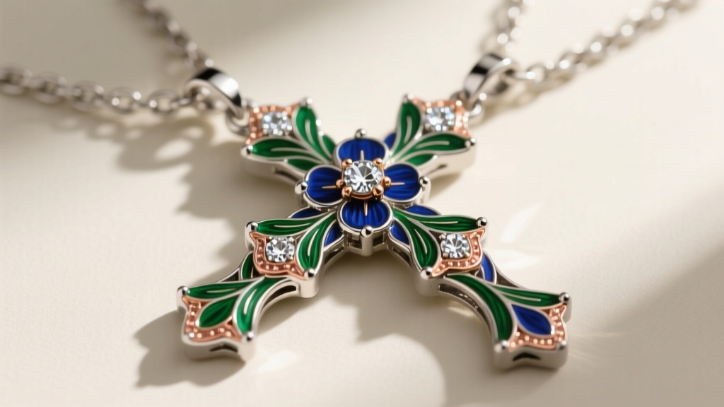 Macro close-up of a silver-tone D&G rosary cross pendant featuring intricate floral enamel work and precision-set crystals